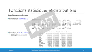 Fonctions statistiques et distributions
Les résumés numériques
• La fonction summary()
• La fonction stat.desc()
• package « pastecs »
30/06/2016 BORIS GUARISMA - FORMATION DATA SCIENTIST - INTRODUCTION AU LOGICIEL R 34
 