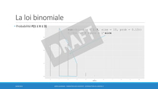 La loi binomiale
• Probabilité P(1 ≤ X ≤ 3)
30/06/2016 BORIS GUARISMA - FORMATION DATA SCIENTIST - INTRODUCTION AU LOGICIEL R
sum(dbinom(x = 1:3, size = 10, prob = 0.13))
0.7202718 # égale à l’aire
 