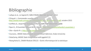 Bibliographie
• Lafaye et al., Le logiciel R, ISBN 9782817801148, Springer, 2012
• Chiquet J., Commandes usuelles de R,
http://www.math.unicaen.fr/~chesneau/RCarte_Commandes-R.pdf, octobre 2015
• Griffiths D., Head First Statistics, O’Reilly, ISBN 9780596527587, 2008
• Ryan G., R Essentials Refcard #232, DZone, https://dzone.com/refcardz/r-essentials-1
• Site « Quick-R », http://www.statmethods.net/
• Coursera , MOOC Data Analysis and Statistical Inference, Duke University
• DataCamp, MOOC Data Visualization with ggplot2 (1)
• Niang Keita D., CNAM Module STA115 - Outils informatique de la statistique
30/06/2016 BORIS GUARISMA - FORMATION DATA SCIENTIST - INTRODUCTION AU LOGICIEL R 87
 