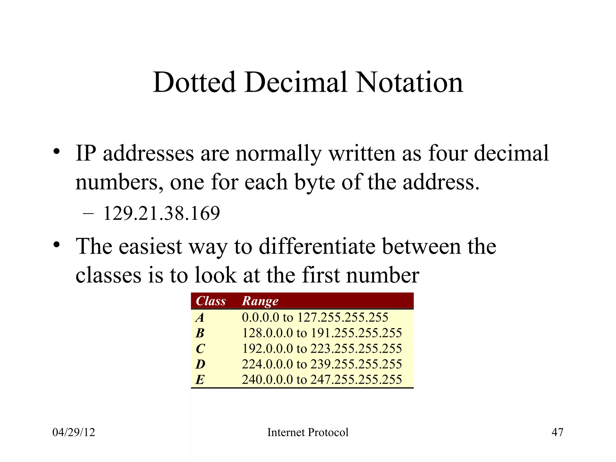 Dotted Decimal Notation

• IP addresses are normally written as four decimal
  numbers, one for each byte of the address.
     – 129.21.38.169
• The easiest way to differentiate between the
  classes is to look at the first number
                 Class   Range
                 A       0.0.0.0 to 127.255.255.255
                 B       128.0.0.0 to 191.255.255.255
                 C       192.0.0.0 to 223.255.255.255
                 D       224.0.0.0 to 239.255.255.255
                 E       240.0.0.0 to 247.255.255.255


04/29/12                     Internet Protocol          47
 