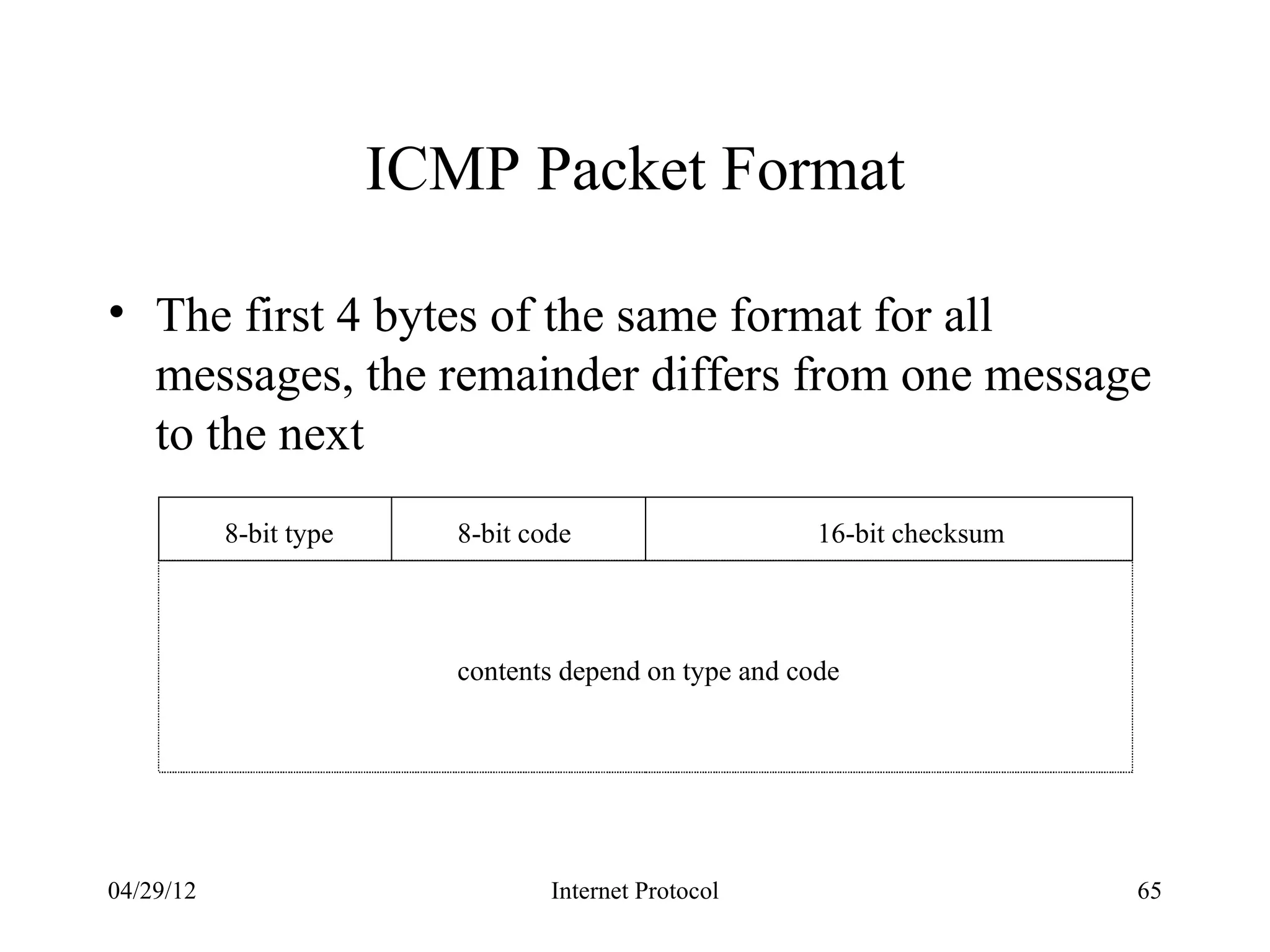 ICMP Packet Format

• The first 4 bytes of the same format for all
  messages, the remainder differs from one message
  to the next
           8-bit type      8-bit code                    16-bit checksum



                           contents depend on type and code




04/29/12                           Internet Protocol                       65
 