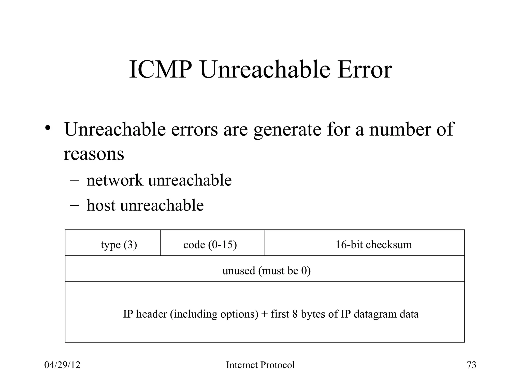 ICMP Unreachable Error

• Unreachable errors are generate for a number of
  reasons
     – network unreachable
     – host unreachable

           type (3)         code (0-15)                      16-bit checksum

                                    unused (must be 0)


               IP header (including options) + first 8 bytes of IP datagram data



04/29/12                             Internet Protocol                             73
 