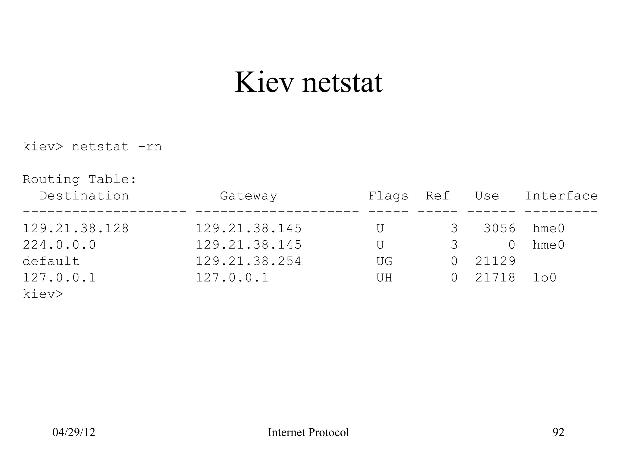 Kiev netstat
kiev> netstat -rn

Routing Table:
  Destination             Gateway           Flags Ref    Use   Interface
--------------------   -------------------- ----- ----- ------ ---------
129.21.38.128          129.21.38.145         U        3   3056 hme0
224.0.0.0              129.21.38.145         U        3      0 hme0
default                129.21.38.254         UG       0 21129
127.0.0.1              127.0.0.1             UH       0 21718 lo0
kiev>




   04/29/12                    Internet Protocol                  92
 