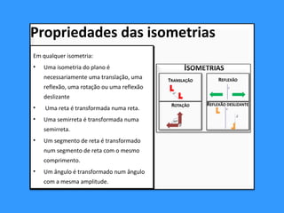 Em qualquer isometria:
• Uma isometria do plano é
necessariamente uma translação, uma
reflexão, uma rotação ou uma reflexão
deslizante
• Uma reta é transformada numa reta.
• Uma semirreta é transformada numa
semirreta.
• Um segmento de reta é transformado
num segmento de reta com o mesmo
comprimento.
• Um ângulo é transformado num ângulo
com a mesma amplitude.
Em qualquer isometria:
• Uma isometria do plano é
necessariamente uma translação, uma
reflexão, uma rotação ou uma reflexão
deslizante
• Uma reta é transformada numa reta.
• Uma semirreta é transformada numa
semirreta.
• Um segmento de reta é transformado
num segmento de reta com o mesmo
comprimento.
• Um ângulo é transformado num ângulo
com a mesma amplitude.
Propriedades das isometrias
 
