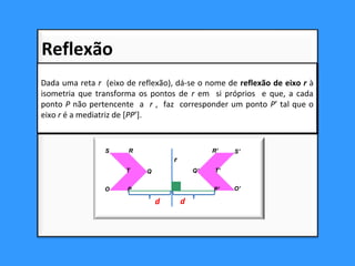 Dada uma reta r (eixo de reflexão), dá-se o nome de reflexão de eixo r à
isometria que transforma os pontos de r em si próprios e que, a cada
ponto P não pertencente a r , faz corresponder um ponto P’ tal que o
eixo r é a mediatriz de [PP’].
Dada uma reta r (eixo de reflexão), dá-se o nome de reflexão de eixo r à
isometria que transforma os pontos de r em si próprios e que, a cada
ponto P não pertencente a r , faz corresponder um ponto P’ tal que o
eixo r é a mediatriz de [PP’].
O
r
d d
Q
RS
T
O’P’
Q’
R’ S’
T’
P
Reflexão
 