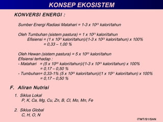 KONSEP EKOSISTEM
ITMT/S1/SAN
F. Aliran Nutrisi
1. Siklus Lokal
P, K, Ca, Mg, Cu, Zn, B, Cl, Mo, Mn, Fe
2. Siklus Global
C, H, O, N
KONVERSI ENERGI :
Sumber Energi Radiasi Matahari = 1-3 x 1023
kalori/tahun
Oleh Tumbuhan (sistem pastura) = 1 x 1021
kalori/tahun
Efisiensi = (1 x 1021
kalori/tahun)/(1-3 x 1023
kalori/tahun) x 100%
= 0,33 – 1,00 %
Oleh Hewan (sistem pastura) = 5 x 1020
kalori/tahun
Efisiensi terhadap :
- Matahari = (5 x 1020
kalori/tahun)/(1-3 x 1023
kalori/tahun) x 100%
= 0,17 – 0,50 %
- Tumbuhan= 0,33-1% (5 x 1020
kalori/tahun)/(1 x 1021
kalori/tahun) x 100%
= 0,17 – 0,50 %
 