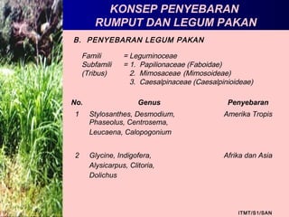 KONSEP PENYEBARAN
RUMPUT DAN LEGUM PAKAN
ITMT/S1/SAN
B. PENYEBARAN LEGUM PAKAN
Famili = Leguminoceae
Subfamili = 1. Papilionaceae (Faboidae)
(Tribus) 2. Mimosaceae (Mimosoideae)
3. Caesalpinaceae (Caesalpinioideae)
No. Genus Penyebaran
1 Stylosanthes, Desmodium,
Phaseolus, Centrosema,
Leucaena, Calopogonium
Amerika Tropis
2 Glycine, Indigofera,
Alysicarpus, Clitoria,
Dolichus
Afrika dan Asia
 