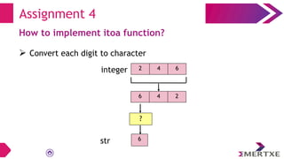 Assignment 4
How to implement itoa function?
 Convert each digit to character
2 4 6
6 4 2
integer
?
str 6
 