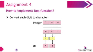 Assignment 4
How to implement itoa function?
 Convert each digit to character
2 4 6
6 4 2
integer
str 6
? ?
4
 