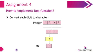Assignment 4
How to implement itoa function?
 Convert each digit to character
2 3 a 7
3 2
integer
?
str 3
 