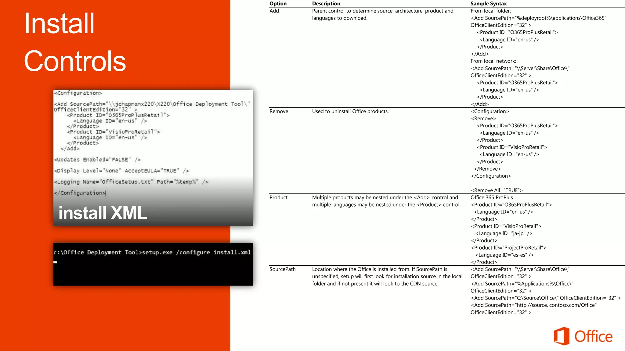 Option       Description                                                               Sample Syntax
Add          Parent control to determine source, architecture, product and             From local folder:
             languages to download.                                                    <Add SourcePath=”%deployroot%applicationsOffice365”
                                                                                       OfficeClientEdition="32" >
                                                                                         <Product ID="O365ProPlusRetail">
                                                                                           <Language ID="en-us" />
                                                                                         </Product>
                                                                                       </Add>
                                                                                       From local network:
                                                                                       <Add SourcePath="ServerShareOffice"
                                                                                       OfficeClientEdition="32" >
                                                                                         <Product ID="O365ProPlusRetail">
                                                                                           <Language ID="en-us" />
                                                                                         </Product>
                                                                                       </Add>
Remove       Used to uninstall Office products.                                        <Configuration>
                                                                                       <Remove>
                                                                                         <Product ID="O365ProPlusRetail">
                                                                                           <Language ID="en-us" />
                                                                                         </Product>
                                                                                         <Product ID="VisioProRetail">
                                                                                           <Language ID="en-us" />
                                                                                         </Product>
                                                                                        </Remove>
                                                                                       </Configuration>

                                                                                       <Remove All=”TRUE”>
Product      Multiple products may be nested under the <Add> control and               Office 365 ProPlus
             multiple languages may be nested under the <Product> control.             <Product ID="O365ProPlusRetail">
                                                                                        <Language ID="en-us" />
                                                                                       </Product>
                                                                                       <Product ID="VisioProRetail">
                                                                                        <Language ID=”ja-jp" />
                                                                                       </Product>
                                                                                       <Product ID="ProjectProRetail">
                                                                                        <Language ID=”es-es" />
                                                                                       </Product>
SourcePath   Location where the Office is installed from. If SourcePath is             <Add SourcePath="ServerShareOffice"
             unspecified, setup will first look for installation source in the local   OfficeClientEdition="32" >
             folder and if not present it will look to the CDN source.                 <Add SourcePath="%Applications%Office"
                                                                                       OfficeClientEdition="32" >
                                                                                       <Add SourcePath="C:SourceOffice" OfficeClientEdition="32" >
                                                                                       <Add SourcePath="http://source. contoso.com/Office"
                                                                                       OfficeClientEdition="32" >
 