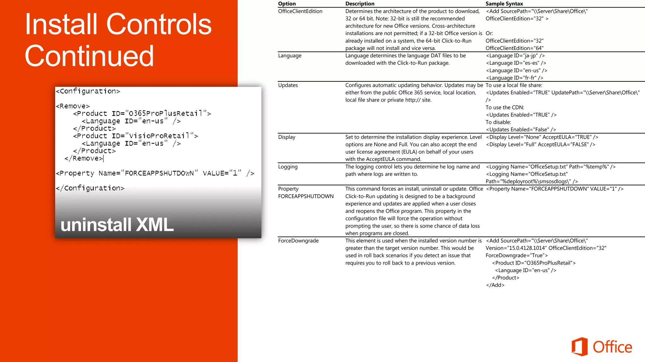 Option                Description                                                      Sample Syntax
OfficeClientEdition   Determines the architecture of the product to download,          <Add SourcePath="ServerShareOffice"
                      32 or 64 bit. Note: 32-bit is still the recommended              OfficeClientEdition="32" >
                      architecture for new Office versions. Cross-architecture
                      installations are not permitted; if a 32-bit Office version is
                                                                                  Or:
                      already installed on a system, the 64-bit Click-to-Run      OfficeClientEdition="32"
                      package will not install and vice versa.                    OfficeClientEdition="64"
Language              Language determines the language DAT files to be            <Language ID=”ja-jp" />
                      downloaded with the Click-to-Run package.                   <Language ID=”es-es" />
                                                                                  <Language ID="en-us" />
                                                                                  <Language ID="fr-fr" />
Updates               Configures automatic updating behavior. Updates may be To use a local file share:
                      either from the public Office 365 service, local location,  <Updates Enabled="TRUE" UpdatePath="ServerShareOffice"
                      local file share or private http:// site.                   />
                                                                                  To use the CDN:
                                                                                  <Updates Enabled="TRUE” />
                                                                                  To disable:
                                                                                  <Updates Enabled="False" />
Display               Set to determine the installation display experience. Level <Display Level="None" AcceptEULA="TRUE" />
                      options are None and Full. You can also accept the end      <Display Level="Full" AcceptEULA="FALSE" />
                      user license agreement (EULA) on behalf of your users
                      with the AcceptEULA command.
Logging               The logging control lets you determine he log name and <Logging Name="OfficeSetup.txt" Path="%temp%" />
                      path where logs are written to.                             <Logging Name="OfficeSetup.txt"
                                                                                  Path="%deployroot%smsosdlogs" />
Property              This command forces an install, uninstall or update. Office <Property Name="FORCEAPPSHUTDOWN" VALUE="1" />
FORCEAPPSHUTDOWN      Click-to-Run updating is designed to be a background
                      experience and updates are applied when a user closes
                      and reopens the Office program. This property in the
                      configuration file will force the operation without
                      prompting the user, so there is some chance of data loss
                      when programs are closed.
ForceDowngrade        This element is used when the installed version number is <Add SourcePath="ServerShareOffice"
                      greater than the target version number. This would be       Version=”15.0.4128.1014” OfficeClientEdition="32"
                      used in roll back scenarios if you detect an issue that     ForceDowngrade=”True”>
                      requires you to roll back to a previous version.               <Product ID="O365ProPlusRetail">
                                                                                      <Language ID="en-us" />
                                                                                     </Product>
                                                                                  </Add>
 
