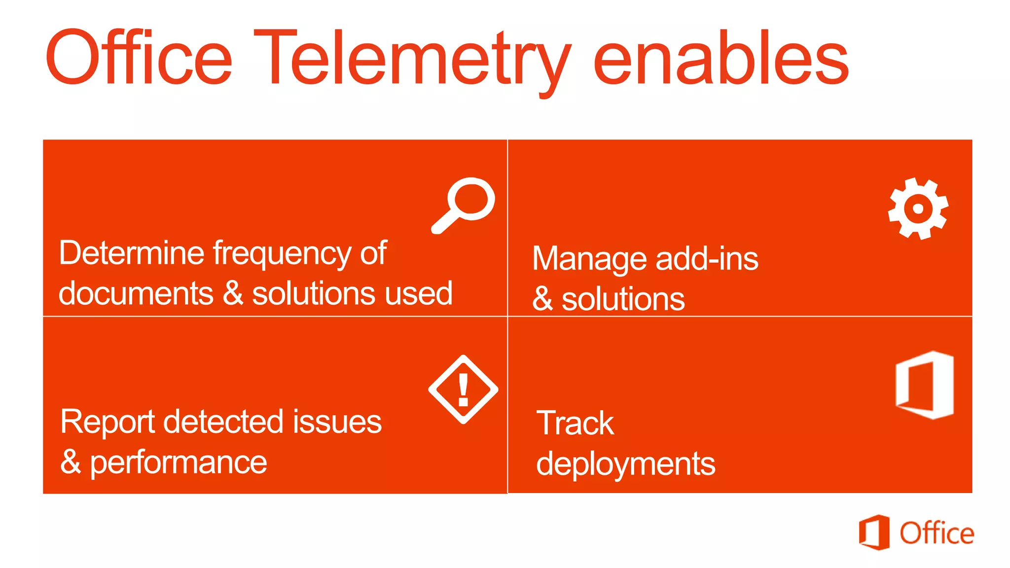 Office Telemetry enables

Determine frequency of          Manage add-ins
Document identification used
documents & solutions          Solution management
                                & solutions


Report detected issues          Track
& performance
Issue detection                 deployments
                               Deployment
 