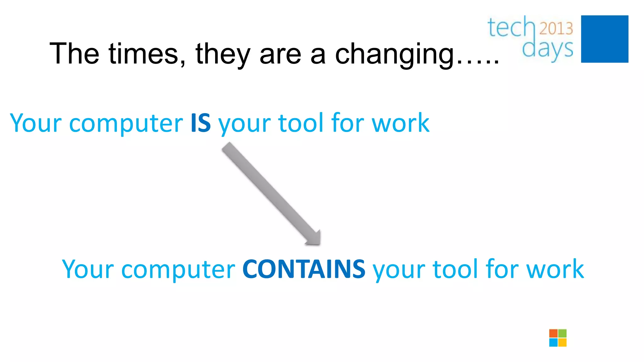 The times, they are a changing…..

Your computer IS your tool for work




    Your computer CONTAINS your tool for work
 