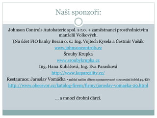 Naši sponzoři:
Johnson Controls Autobaterie spol. s r.o. + zaměstnanci prostřednictvím
manželů Volkových.
(Na účet FIO banky Beran o. s.: Ing. Vojtech Kysela a Čestmír Vašák
www.johnsoncontrols.cz
Šrouby Krupka
www.sroubykrupka.cz
Ing. Hana Kubáčová, Ing. Eva Parasková
http://www.kupareality.cz/
Restaurace: Jaroslav Vomáčka - nabízí našim dětem sponzorované stravování (oběd 45,-Kč)
http://www.obecsvor.cz/katalog-firem/firmy/jaroslav-vomacka-29.html
… a mnozí drobní dárci.
 
