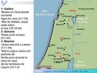 Perea Galilea Judea Lugares Importantes en el Relato de Juan ♦   Cesarea de Filipos 1 Decápolis 2 3 Betania Belén 4 5 1- Galilea: Bodas en Caná donde convierte  Agua en vino) (2:1-10) Mar de Galilea: Jesús anda sobre el mar (16:16-24) 2- Samaria Mujer junto al pozo (4:1-42) 3- Betania: Jesús resucitó a Lazaro (11:1-44) María unge a Jesús con perfume de Nardo puro durante la cena en casa de los familiares de Lázaro (12:1-3) 