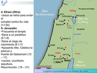 Perea Galilea Judea Lugares Importantes en el Relato de Juan ♦   Cesarea de Filipos 1 Decápolis 2 3 Betania Belén 4 5 4- Efraín (Ofra): Jesús se retira para evitar el  complot contra Su vida (11:54) 5- Jerusalén Frecuenta el templo Sana a un paralítico (5:1-9) Sana al ciego de nacimiento (9:1-7) Aposento Alto. Celebra la pascua y Huerto de Getsemaní (13 – 17) Juicios, crucifixión, sepultura,  Resurrección. (18 – 21) 