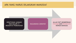 APA YANG HARUS DILAKUKAN MANUSIA?
KEBUTUHAN JASMANI
DAN NALURI →
MENUNTUT PEMENUHAN
BAGAIMANA CARANYA?
ALLAH SWT MEMBERIKAN
PILIHAN DAN PETUNJUK
KEPADA MANUSIA
 