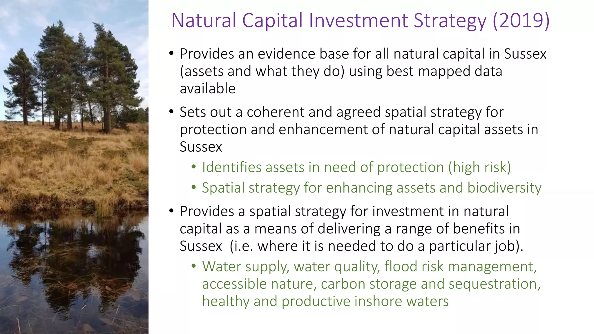• Provides an evidence base for all natural capital in Sussex
(assets and what they do) using best mapped data
available
• Sets out a coherent and agreed spatial strategy for
protection and enhancement of natural capital assets in
Sussex
• Identifies assets in need of protection (high risk)
• Spatial strategy for enhancing assets and biodiversity
• Provides a spatial strategy for investment in natural
capital as a means of delivering a range of benefits in
Sussex (i.e. where it is needed to do a particular job).
• Water supply, water quality, flood risk management,
accessible nature, carbon storage and sequestration,
healthy and productive inshore waters
Natural Capital Investment Strategy (2019)
 