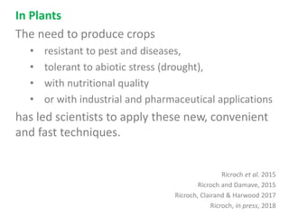 In Plants
The need to produce crops
• resistant to pest and diseases,
• tolerant to abiotic stress (drought),
• with nutritional quality
• or with industrial and pharmaceutical applications
has led scientists to apply these new, convenient
and fast techniques.
Ricroch et al. 2015
Ricroch and Damave, 2015
Ricroch, Clairand & Harwood 2017
Ricroch, in press, 2018
 
