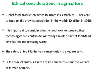 Ethical considerations in agriculture
 Global food production needs to increase as much as 70 per cent
to support the growing population in the world (10 billion in 2050).
 It is important to consider whether and how genome editing
technologies can contribute improving the efficiency of food/feed
distribution and reducing waste.
 The safety of food for human consumption is a key concern.
 In the case of animals, there are also concerns about the welfare
of farmed animals.
 