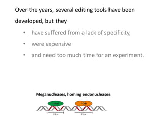 Meganucleases, homing endonucleases
Over the years, several editing tools have been
developed, but they
• have suffered from a lack of specificity,
• were expensive
• and need too much time for an experiment.
 