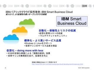 © 2011 IBM Corporation42
IBMパブリッククラウド採用事例：IBM Smart Business Cloud
低コストで、より拡張性の高いオープンクラウドを実現
仮想化 – doing more with less
• KVMの安価な単価による「規模の経済」効果
• 仮想マシンの集積度をあげ、拡張性を向上
標準化 – より高いサービス品質
•Windows と Linuxをサポート
• 仮想マシンのサービス品質を保証
自動化 – 俊敏性とリスクの低減
•仮想化管理コストの低減
• マルチテナントセキュリティ
IBM Smart
Business Cloud
詳細な情報はWebにてご覧頂けます
http://www-935.ibm.com/services/jp/igs/cloud-development/instances.html
 