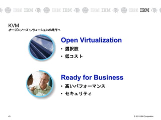 © 2011 IBM Corporation43
KVM
オープンソース・ソリューションの時代へ
Open Virtualization
• 選択肢
• 低コスト
Ready for Business
• 高いパフォーマンス
• セキュリティ
 