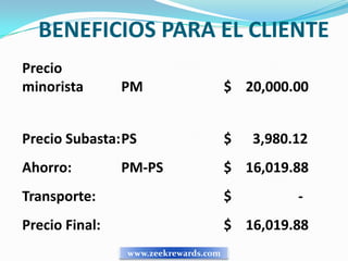 BENEFICIOS PARA EL CLIENTE
Precio
minorista       PM                    $ 20,000.00


Precio Subasta:PS                     $   3,980.12
Ahorro:         PM-PS                 $ 16,019.88
Transporte:                           $         -
Precio Final:                         $ 16,019.88
                www.zeekrewards.com
 