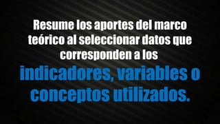 Resume los aportes del marco
teórico al seleccionar datos que
corresponden a los
indicadores, variables o
conceptos utilizados.
 