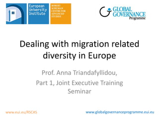 Dealing with migration related
      diversity in Europe
      Prof. Anna Triandafyllidou,
    Part 1, Joint Executive Training
                Seminar
 