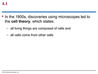4.1
 In the 1800s, discoveries using microscopes led to
the cell theory, which states:
– all living things are composed of cells and
– all cells come from other cells
© 2012 Pearson Education, Inc.
 