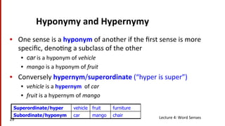 Hyponymy	
  and	
  Hypernymy	
  
•  One	
  sense	
  is	
  a	
  hyponym	
  of	
  another	
  if	
  the	
  ﬁrst	
  sense	
  is	
  more	
  
speciﬁc,	
  deno(ng	
  a	
  subclass	
  of	
  the	
  other	
  
•  car	
  is	
  a	
  hyponym	
  of	
  vehicle	
  
•  mango	
  is	
  a	
  hyponym	
  of	
  fruit	
  
•  Conversely	
  hypernym/superordinate	
  (“hyper	
  is	
  super”)	
  
•  vehicle	
  is	
  a	
  hypernym	
  	
  of	
  car	
  
•  fruit	
  is	
  a	
  hypernym	
  of	
  mango	
  
Superordinate/hyper vehicle fruit furniture
Subordinate/hyponym car mango chair Lecture	
  4:	
  Word	
  Senses	
  29	
  
 