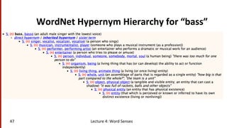 WordNet	
  Hypernym	
  Hierarchy	
  for	
  “bass”	
  
Lecture	
  4:	
  Word	
  Senses	
  47	
  
 