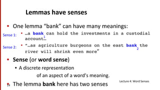 Lemmas	
  have	
  senses	
  
•  One	
  lemma	
  “bank”	
  can	
  have	
  many	
  meanings:	
  
•  …a bank can hold the inv...