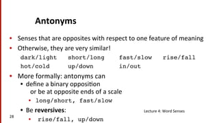 Antonyms	
  
•  Senses	
  that	
  are	
  opposites	
  with	
  respect	
  to	
  one	
  feature	
  of	
  meaning	
  
•  Othe...