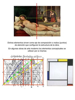 Dichos elementos sirven como eje de composición o nodos (puntos) de atención que configuran la estructura de la obra. En algunas obras de arte moderno los elementos conceptuales se utilizan por si mismos 