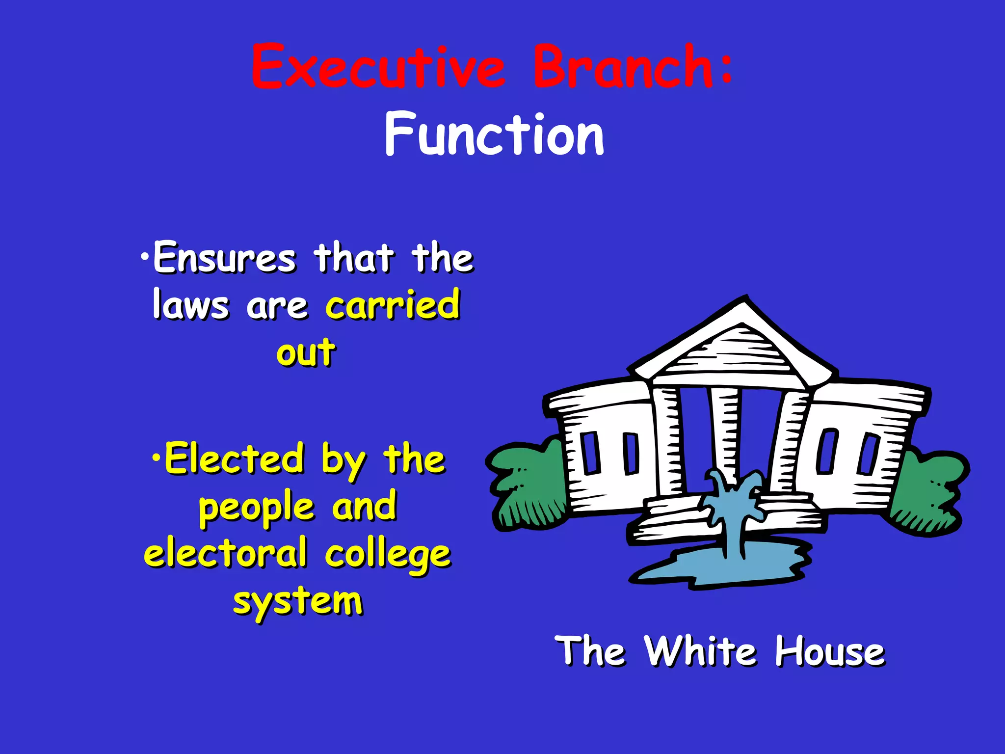 Executive Branch:   Function The White House Ensures that the laws are  carried out Elected by the people and electoral college system 