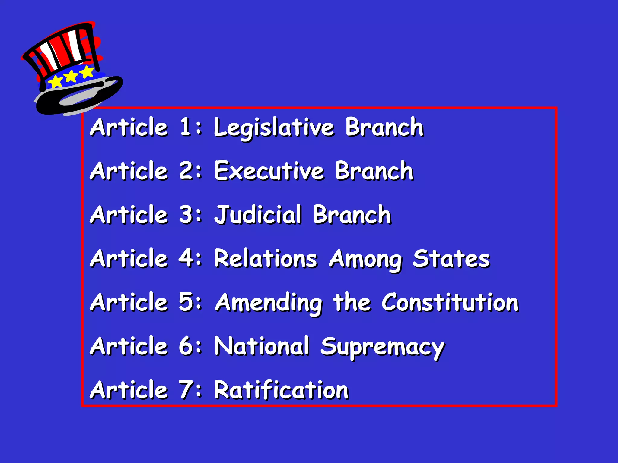 Article 1: Legislative Branch Article 2: Executive Branch Article 3: Judicial Branch Article 4: Relations Among States Article 5: Amending the Constitution Article 6: National Supremacy Article 7: Ratification   