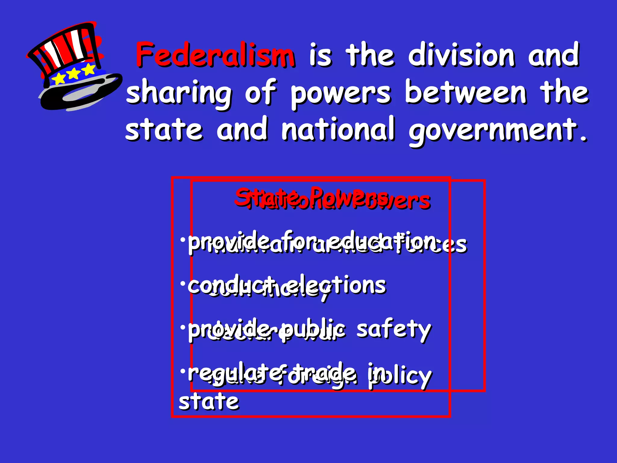 Federalism  is the division and sharing of powers between the state and national government. National Powers maintain armed forces coin money declare war make foreign policy State Powers provide for education conduct elections provide public safety regulate trade in state 