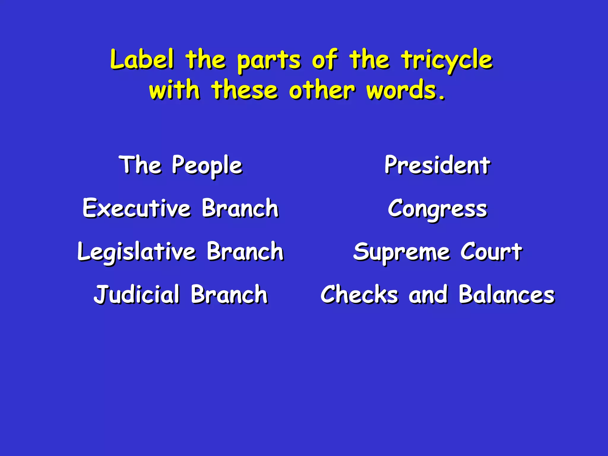 Label the parts of the tricycle with these other words.   The People Executive Branch Legislative Branch Judicial Branch President Congress Supreme Court Checks and Balances 