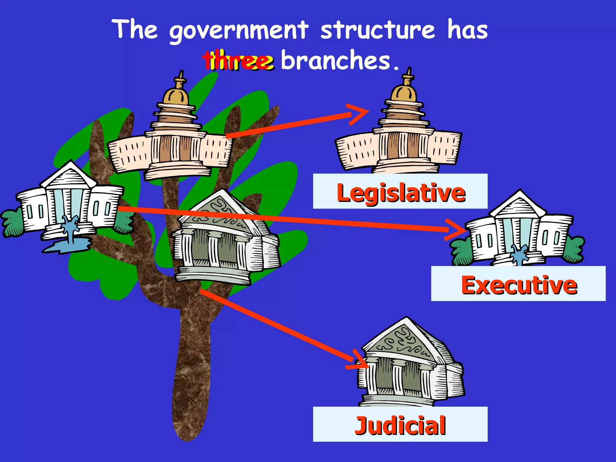 three The government structure has  three  branches.   Judicial Legislative Executive 