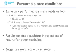 Favourable race conditionsSametaskperformedonmanyreadsorlociFOR 1.1 billionindexedreads DOIdentify sampleFOR 3 billionHuman Genome loci DOComparelocus in alignedreads to reference and identify homo- and heterozygoticSNPsResultsforoneread/locus independent of resultsforotherreads/lociSuggestsnaturalscale up strategy …