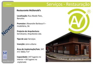 LiderA                                           Serviços - Restauração
                  Restaurante McDonald’s

                  Localização: Rua Abade Paes,
                  Barcelos

                  Promotor: Alexandre Barbosa II –
                  Imobiliária, SA

                  Projecto de Arquitectura:
                  Serralvarez, Arquitectos Lda.

                  Tipo de uso: Serviços

                  Inserção: zona urbana

                  Área de implantação/lote: 347
                  m2/ 3602,7 m2

                  Capacidade: 147 lugares no
                  interior + 64 lugares na
www.lidera.info
                   esplanada
 