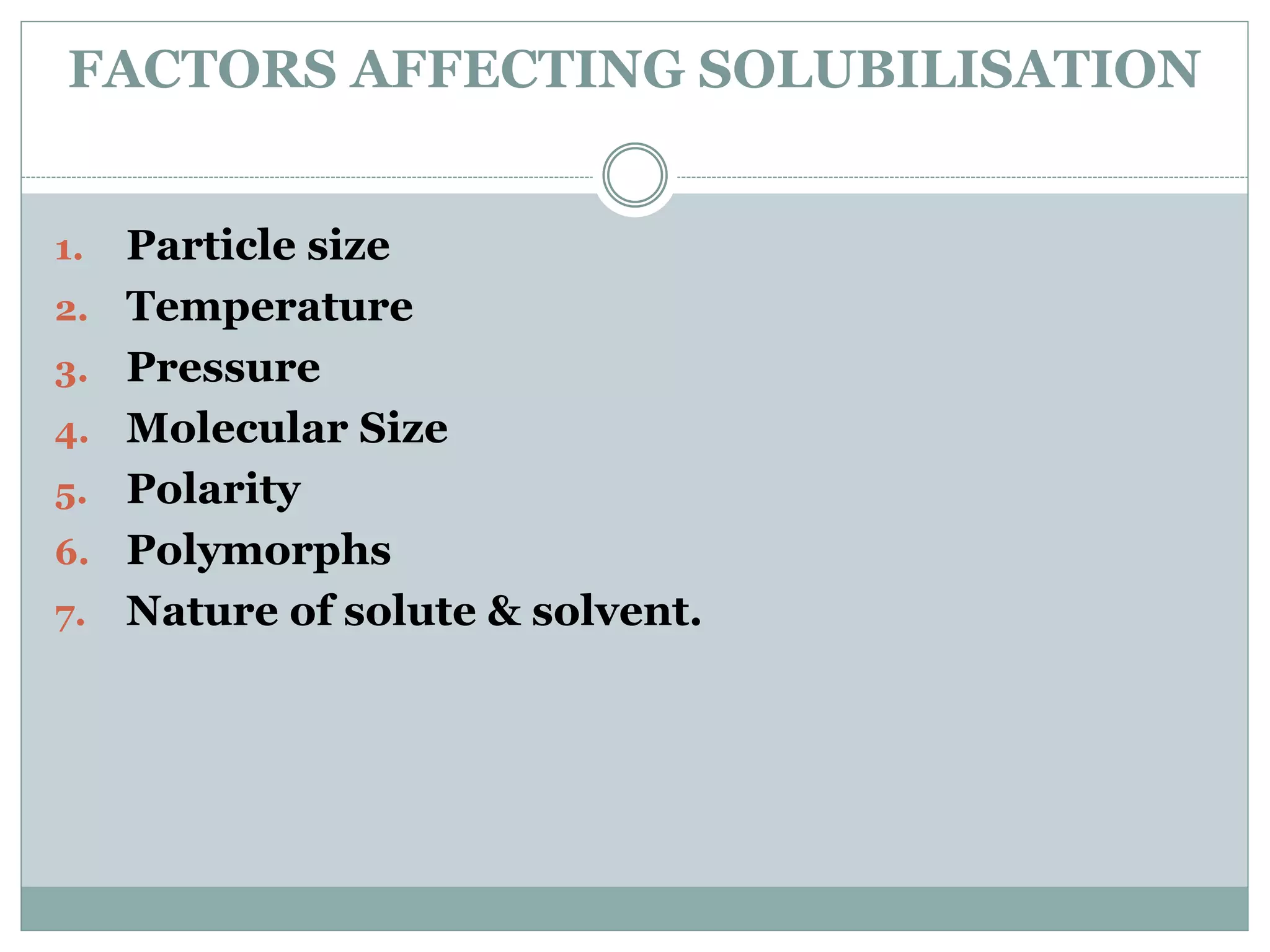 FACTORS AFFECTING SOLUBILISATION
1. Particle size
2. Temperature
3. Pressure
4. Molecular Size
5. Polarity
6. Polymorphs
7. Nature of solute & solvent.
 