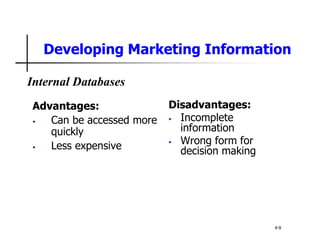 Developing Marketing Information
Advantages:
• Can be accessed more
quickly
• Less expensive
Disadvantages:
• Incomplete
information
• Wrong form for
decision making
4-9
Internal Databases
 