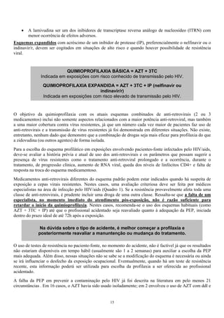 • A lamivudina ser um dos inibidores de transcriptase reversa análogo de nucleosídeo (ITRN) com
menor ocorrência de efeitos adversos.
Esquemas expandidos com acréscimo de um inibidor de protease (IP), preferencialmente o nelfinavir ou o
indinavir/r, devem ser cogitados em situações de alto risco e quando houver possibilidade de resistência
viral.
QUIMIOPROFILAXIA BÁSICA = AZT + 3TC
Indicada em exposições com risco conhecido de transmissão pelo HIV.
QUIMIOPROFILAXIA EXPANDIDA = AZT + 3TC + IP (nelfinavir ou
indinavir/r)
Indicada em exposições com risco elevado de transmissão pelo HIV.
O objetivo da quimioprofilaxia com os atuais esquemas combinados de anti-retrovirais (2 ou 3
medicamentos) inclui não somente aspectos relacionados com a maior potência anti-retroviral, mas também
a uma maior cobertura contra vírus resistentes, já que um número cada vez maior de pacientes faz uso de
anti-retrovirais e a transmissão de vírus resistentes já foi demonstrada em diferentes situações. Não existe,
entretanto, nenhum dado que demonstre que a combinação de drogas seja mais eficaz para profilaxia do que
a zidovudina (ou outros agentes) de forma isolada.
Para a escolha do esquema profilático em exposições envolvendo pacientes-fonte infectados pelo HIV/aids,
deve-se avaliar a história prévia e atual de uso dos anti-retrovirais e os parâmetros que possam sugerir a
presença de vírus resistentes como o tratamento anti-retroviral prolongado e a ocorrência, durante o
tratamento, de progressão clínica, aumento de RNA viral, queda dos níveis de linfócitos CD4+ e falta de
resposta na troca do esquema medicamentoso.
Medicamentos anti-retrovirais diferentes do esquema padrão podem estar indicados quando há suspeita de
exposição a cepas virais resistentes. Nestes casos, uma avaliação criteriosa deve ser feita por médicos
especialistas na área de infecção pelo HIV/aids (Quadro 1). Se a resistência provavelmente afeta toda uma
classe de anti-retrovirais, é prudente incluir uma droga de uma outra classe. Ressalta-se que a falta de um
especialista, no momento imediato do atendimento pós-exposição, não é razão suficiente para
retardar o início da quimioprofilaxia. Nestes casos, recomenda-se o uso dos esquemas habituais (como
AZT + 3TC + IP) até que o profissional acidentado seja reavaliado quanto à adequação da PEP, iniciada
dentro do prazo ideal de até 72h após a exposição.
Na dúvida sobre o tipo de acidente, é melhor começar a profilaxia e
posteriormente reavaliar a manuntenção ou mudança do tratamento.
O uso de testes de resistência no paciente-fonte, no momento do acidente, não é factível já que os resultados
não estariam disponíveis em tempo hábil (usualmente são 1 a 2 semanas) para auxiliar a escolha da PEP
mais adequada. Além disso, nessas situações não se sabe se a modificação do esquema é necessária ou ainda
se irá influenciar o desfecho da exposição ocupacional. Eventualmente, quando há um teste de resistência
recente, esta informação poderá ser utilizada para escolha da profilaxia a ser oferecida ao profissional
acidentado.
A falha da PEP em prevenir a contaminação pelo HIV já foi descrita na literatura em pelo menos 21
circunstâncias . Em 16 casos, o AZT havia sido usado isoladamente; em 2 envolveu o uso de AZT com ddI e
15
 