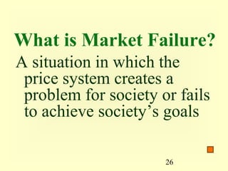 What is Market Failure?
A situation in which the
 price system creates a
 problem for society or fails
 to achieve society’s goals

                      26
 