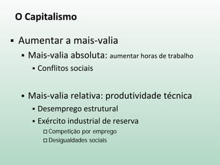 O Capitalismo
 Aumentar a mais-valia
 Mais-valia absoluta: aumentar horas de trabalho
 Conflitos sociais
 Mais-valia relativa: produtividade técnica
 Desemprego estrutural
 Exército industrial de reserva
 Competição por emprego
 Desigualdades sociais
 