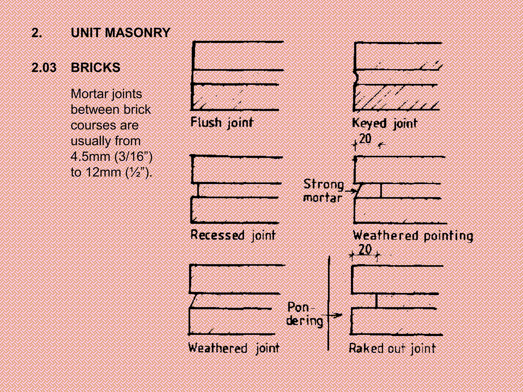 2.     UNIT MASONRY

2.03   BRICKS

       Mortar joints
       between brick
       courses are
       usually from
       4.5mm (3/16”)
       to 12mm (½”).
 